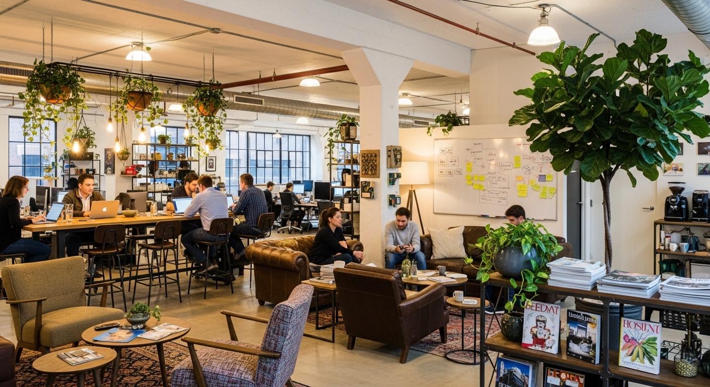 A vibrant, cozy community workspace with entrepreneurs collaborating