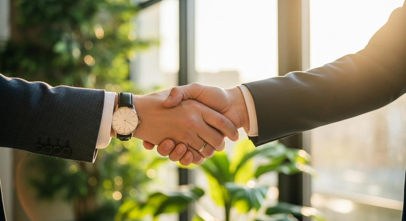 Two business partners shaking hands warmly
